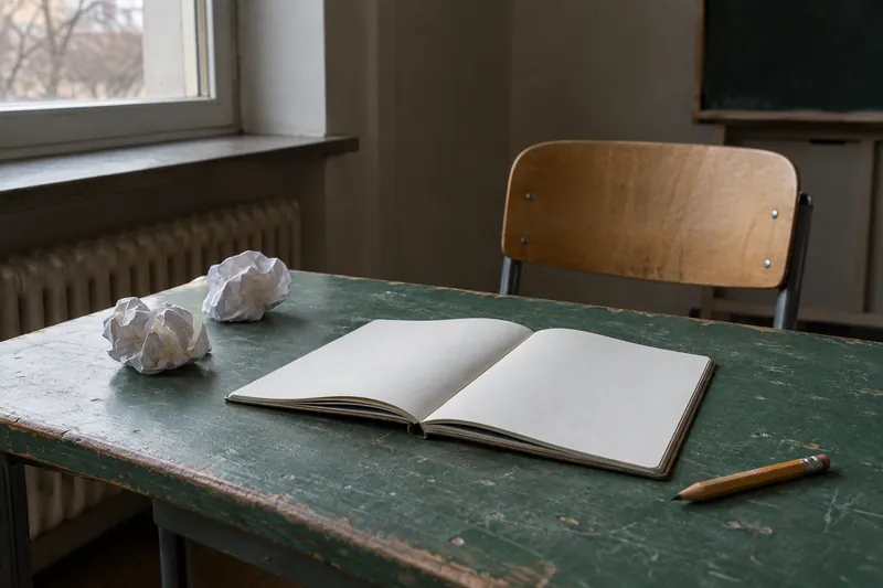 A notebook, worn pencil and crumpled paper on a study desk.