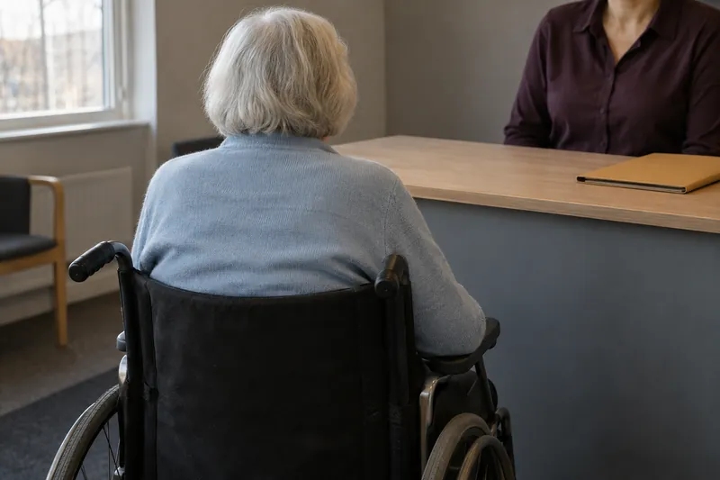 An older wheelchair user meeting an adviser at an accessible desk.
