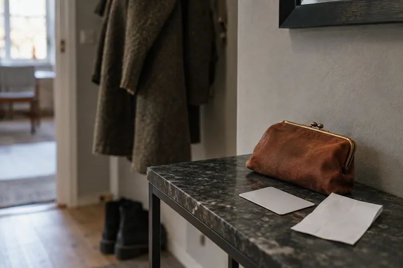 A purse, blank payment card and receipt on a console.
