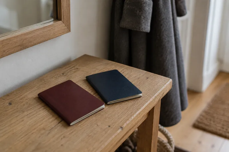 Two blank passport-like booklets on a wooden shelf.