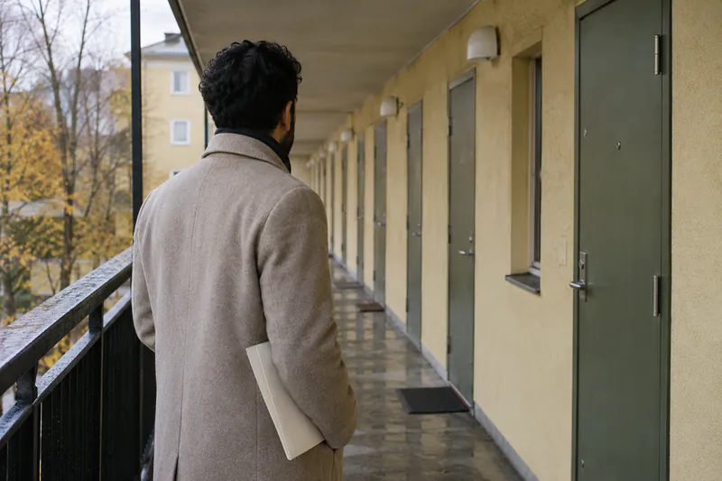 شخص يبحث عن سكن يحمل ملفًا في ممر شقق.