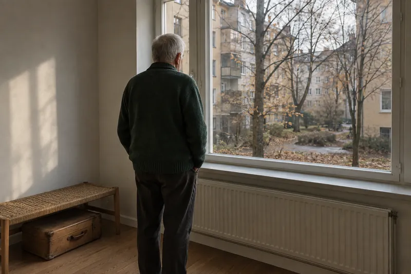A resident looking over an apartment courtyard, with a suitcase nearby.