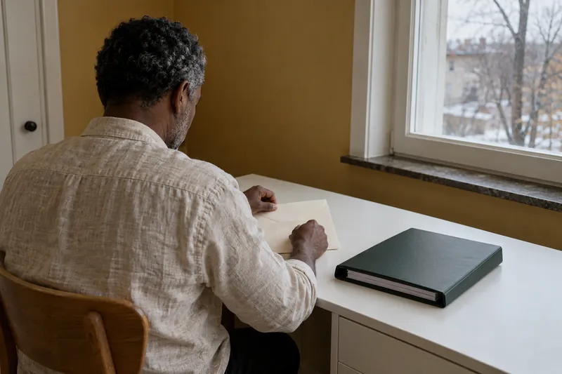 An applicant preparing an envelope and document binder in a home study.