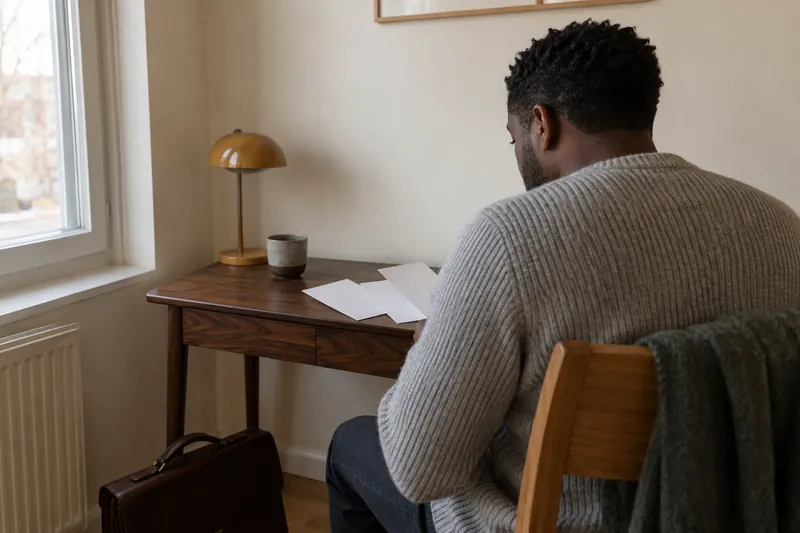 A worker organising blank payslip backs at a desk.