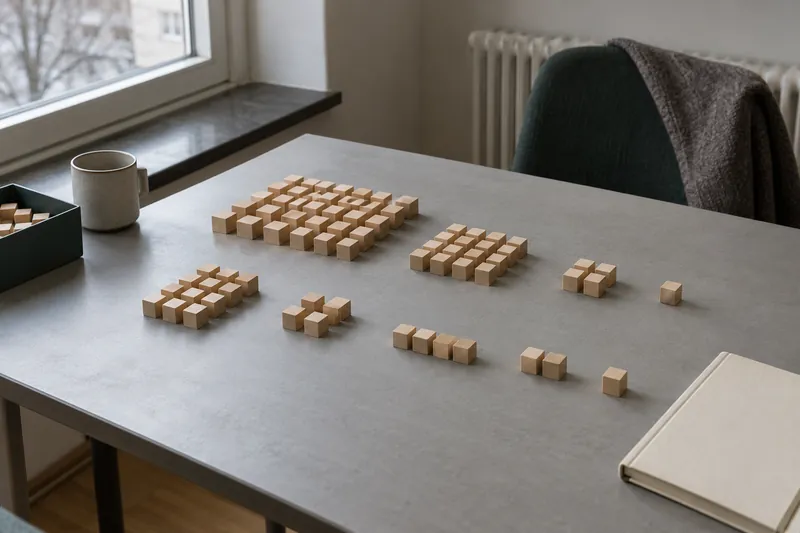 Wooden counting blocks grouped beside a notebook on an office table.
