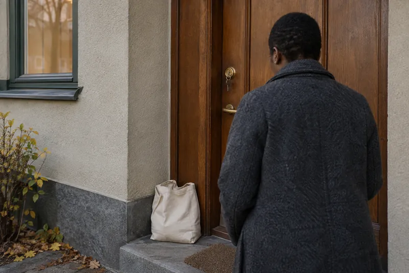 A resident arriving at an apartment door with a key in the lock.