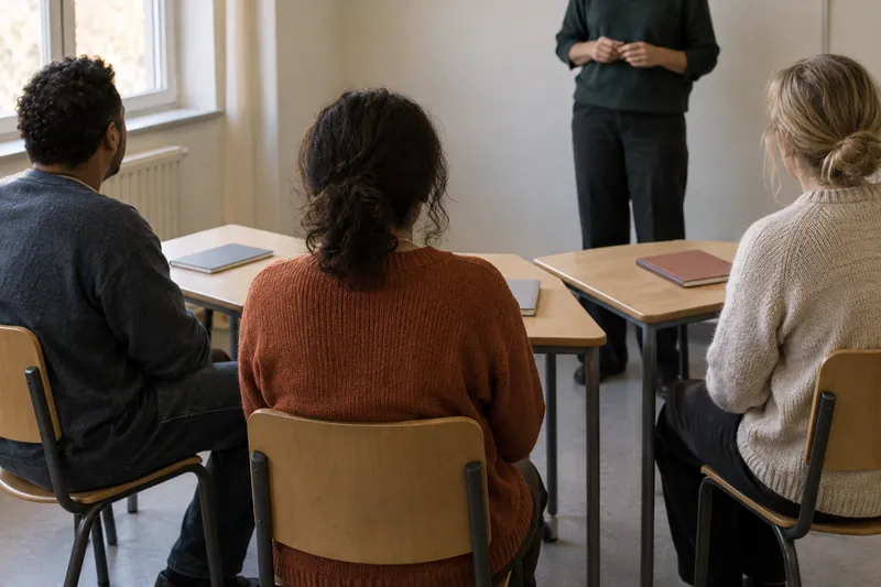 Adult learners seated together in a Swedish-language classroom.