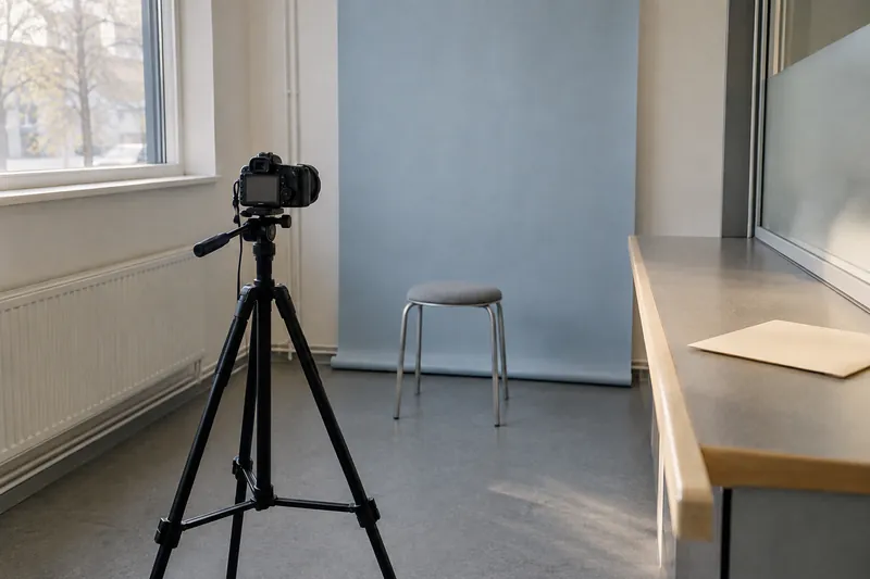A camera and stool prepared for a passport photograph.