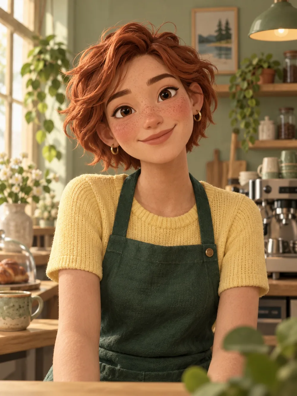 Fika, an illustrated speaking partner in a sunny Swedish café