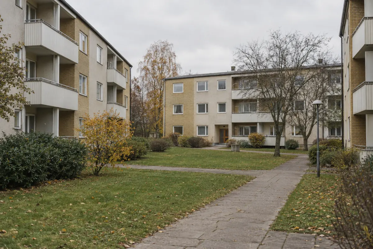 Genererad illustration av en svensk gård med låga flerbostadshus i 1960-talsstil. Ingen specifik verklig plats avbildas.