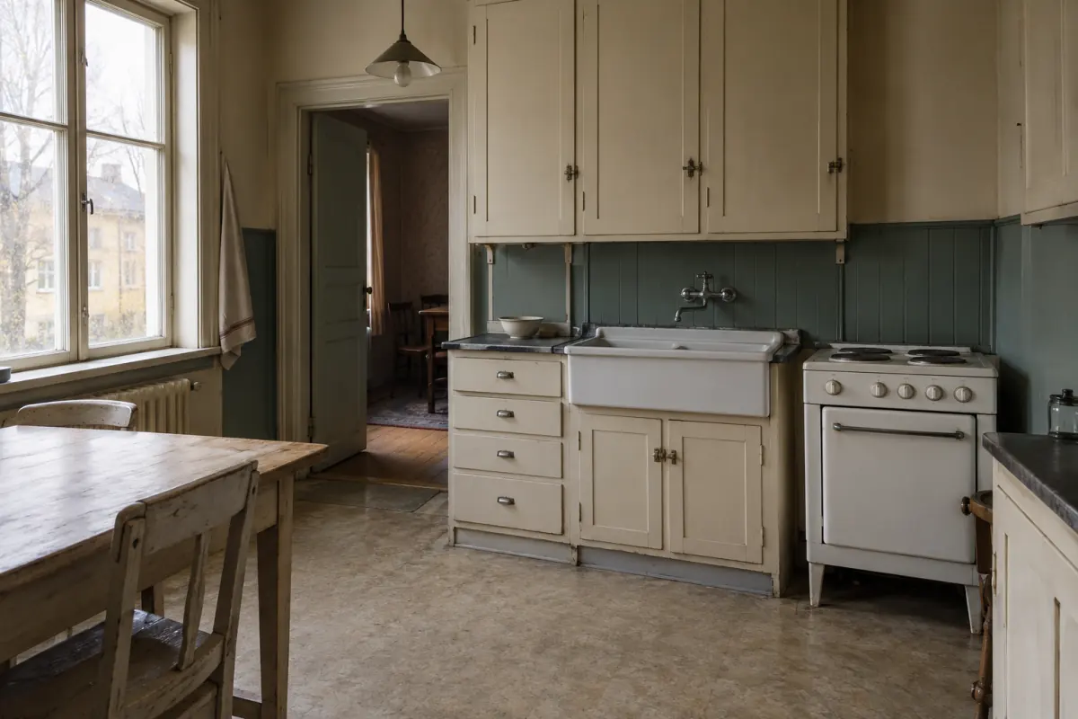 Generated illustration of an older kitchen with an electric cooker, tap and simple electric light; not an archival photograph.