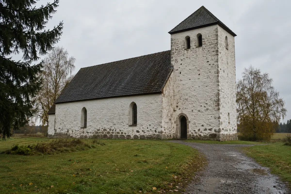 Genererad illustration i fotostil av en äldre stenkyrka med torn, spetsigt tak och smala fönster i svensk landsbygdsmiljö.