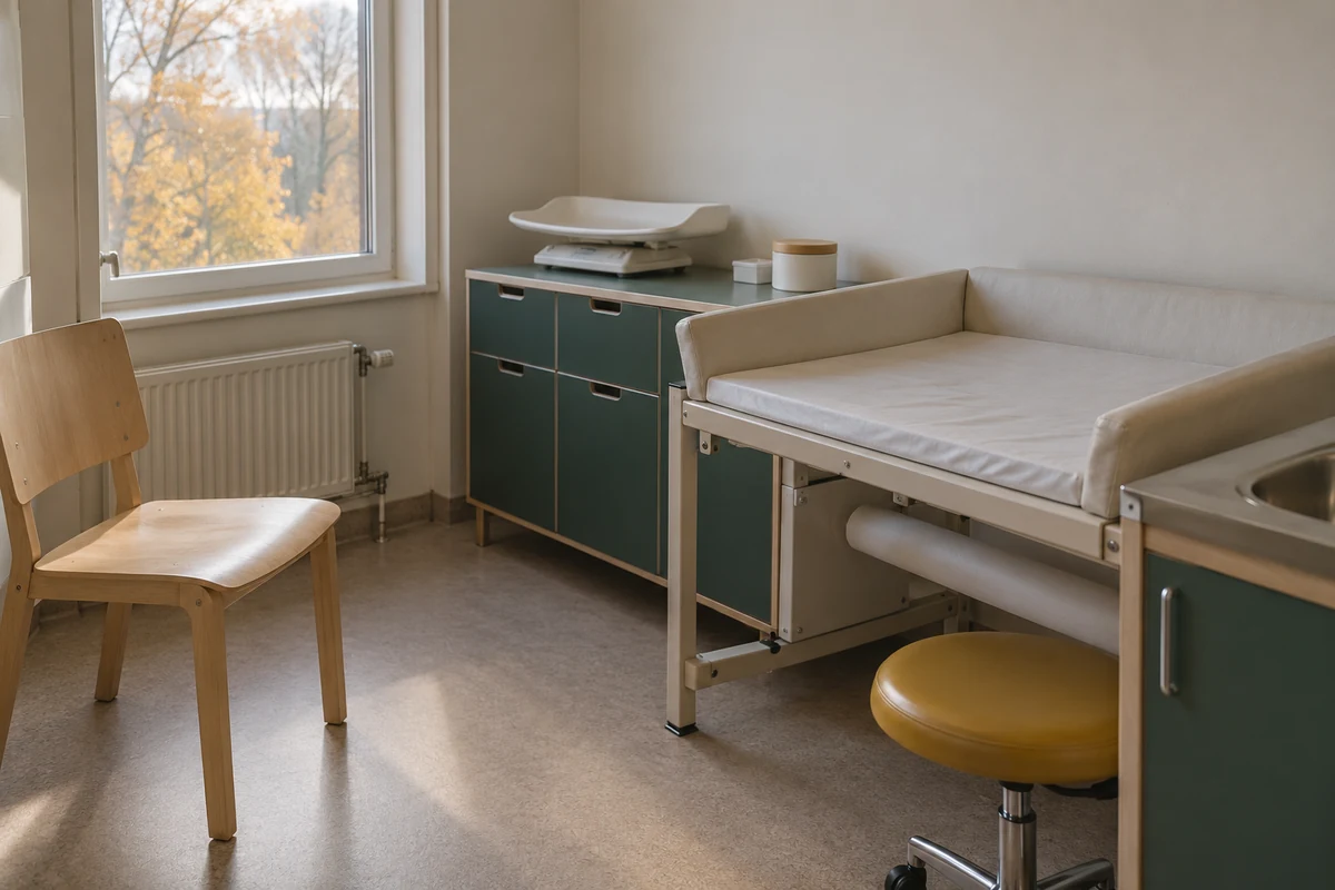 An empty examination room with infant scales, an examination couch and a chair.